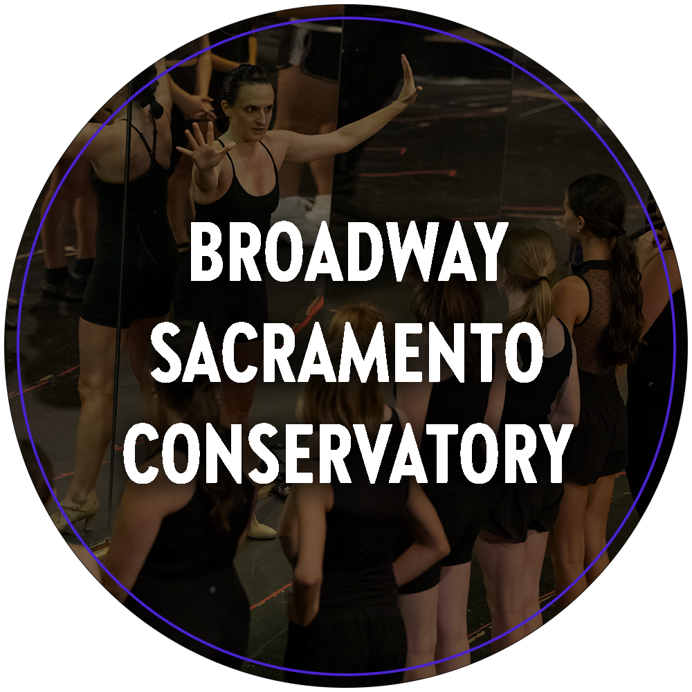 A circular image of a group of young performers being taught by an instructor. Text in the center of the image reads "Broadway Sacramento Conservatory". 

You can click the image to redirect to the Broadway Sacramento Conservatory web page. 